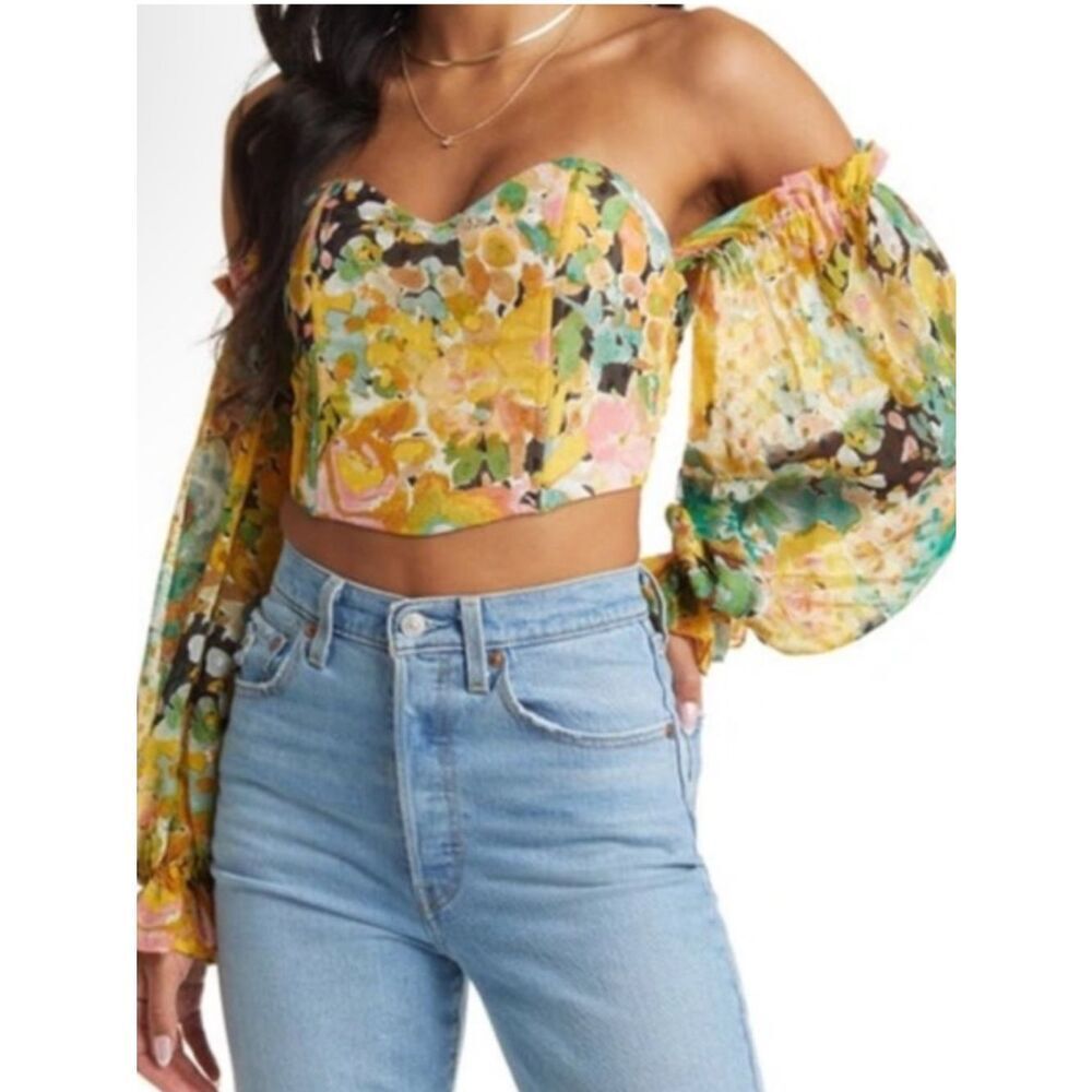 Vici Yellow Multi Floral Off-Shoulder Crop Top XS new!